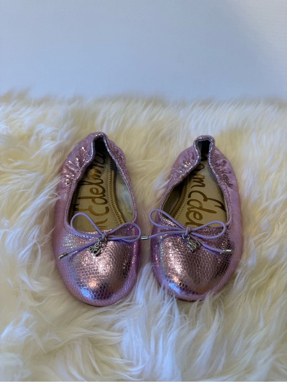 Sam Edelman Girls Shimmery Light Pink Ballet Flats with Bow Charm